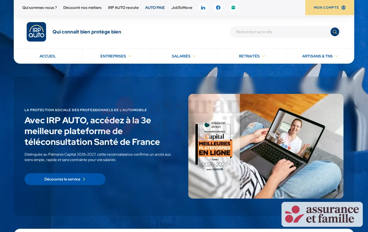 Capture : Protection sociale des professionnels de l'automobile : IRP AUTO, Mutuelle, prévoyance et complémentaire automobile